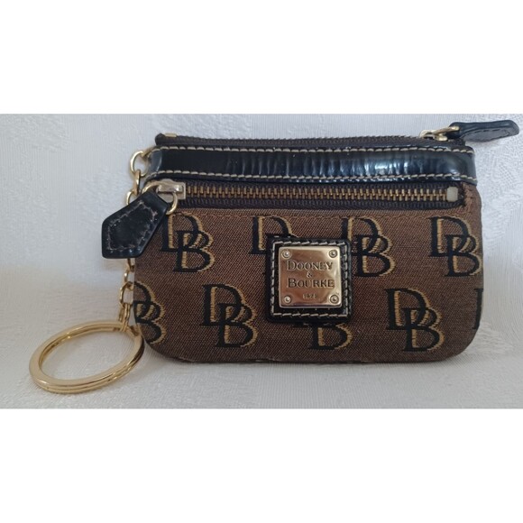 DOONEY & BOURKE COIN PURSE/KEY CHAIN CANVAS LEATHER TRIM BROWN/GOLD - Picture 1 of 10